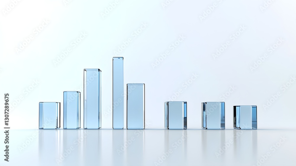 Poster a set of five ascending transparent blue 3d glass bars placed on a smooth white background with refl