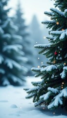 Obraz premium Snowflakes gently fall on frosty evergreen trees, festive, forest, peaceful