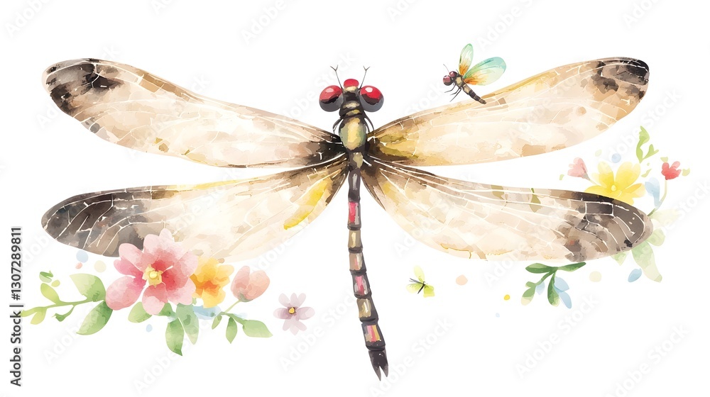 Poster a whimsical and elegant watercolor dragonfly showcasing soft brushstrokes and vibrant wings in a ble