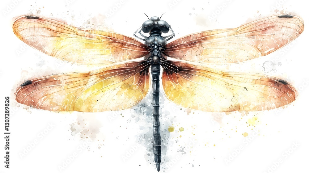 Poster a charming and detailed dragonfly painting rendered in a minimalistic watercolor style with intricat