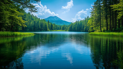 Fototapeta premium Serene Lake with Mountain View