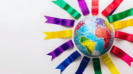Minimalistic composition featuring a globe with vibrant awareness ribbons arranged in a circular pattern symbolizing global health solidarity and advocacy