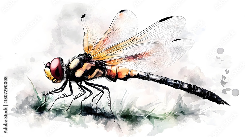 Poster Captivating watercolor of a dragonfly capturing its fragile beauty through flowing expressive brushstrokes and a vibrant yet balanced color palette  Designed for nature themed creations and projects