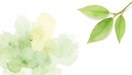 Minimalist watercolor botanical composition featuring soft green leaves and abstract splashes in light yellow and green tones, creating a natural and refreshing visual perfect for eco-inspired designs