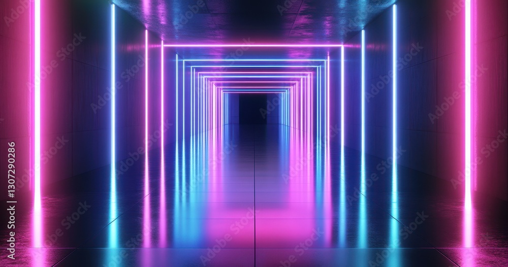 Poster futuristic neon tunnel illuminated with vibrant pink and blue lights creating a mesmerizing symmetri
