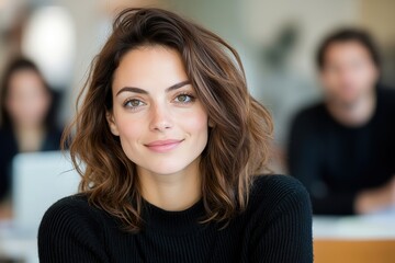Fototapeta premium Woman With Casual Attire Smiling In Office Setting