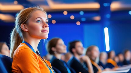 Young Woman Attentively Listening At A Conference.