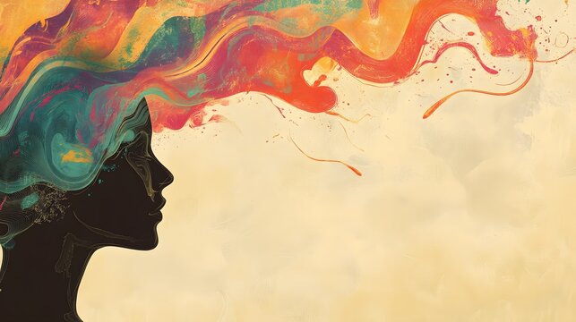Abstract Side Profile of a Human Mind with Flowing Creative Energy on Cream Background with Copy Space, Mental Health Concepts.