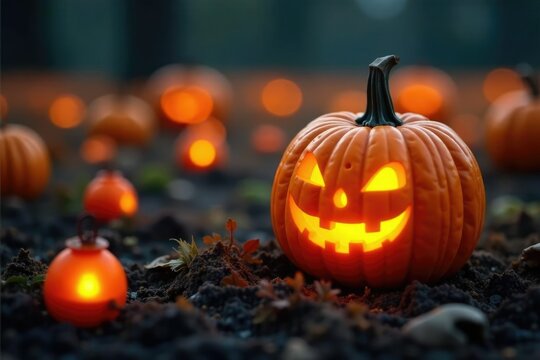 Petite citrouille jaune ?clair?e par de minuscules lanternes cerises, Halloween pumpkin, pumpkin patch