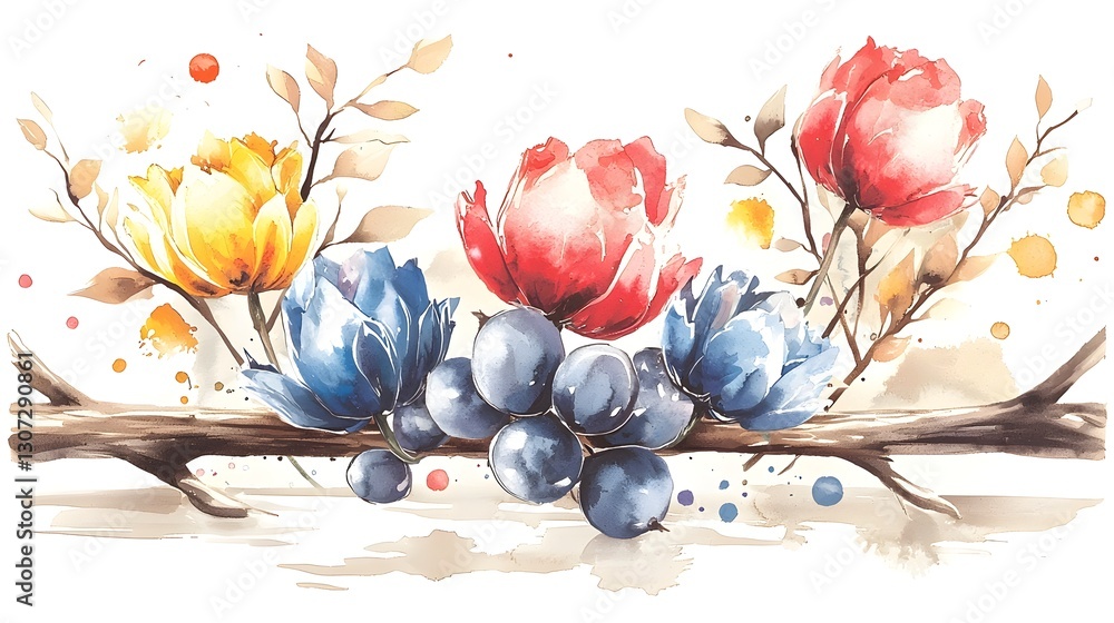 Poster serene and elegant floral displaying a harmonious mix of spring flowers branches and leaves enhanced