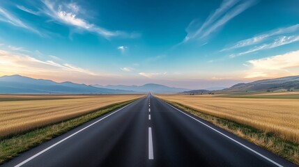 Naklejka premium Serene Road Through Golden Field Under Blue Sky