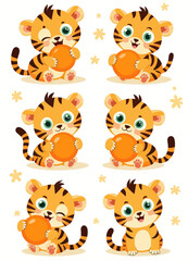 Fototapeta premium Cartoon Tiger Cubs Holding Orbs Pattern