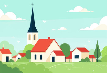 Naklejka premium Cartoon Village Scene with Church Steeple and Red Roofs