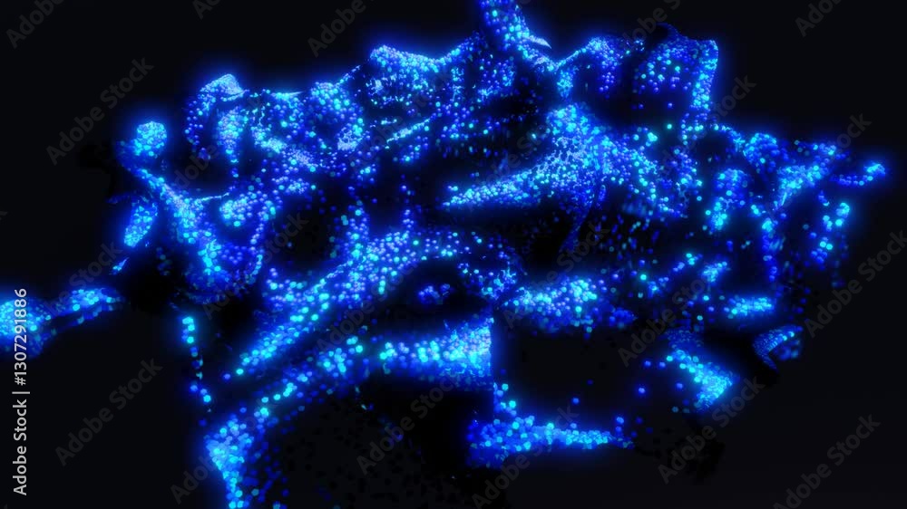 Poster 3d abstract blue sci-fi background. luminous particles form wavy surface, waves of light and color r