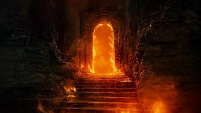 Fiery doorway in dark stone dungeon. Glowing portal at top of stairs. Fantasy game concept art for mystical quest or adventure role-playing videogame.