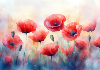 Fototapeta premium Watercolor Painting of Red Poppies in a Field