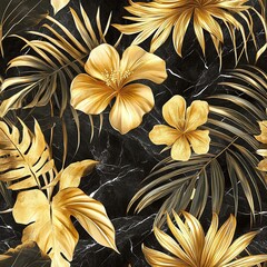 Tropical elegance unveiled seamless golden floral pattern black background decorative design