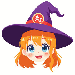 Cute Cartoon Girl in Witch Hat with Japanese Symbol