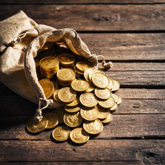 Success in business concept with golden coins in a bag on a wooden table. 