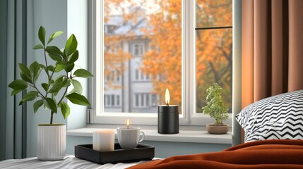 Cozy Autumn Window Scene with Candles - Relaxing autumn scene featuring candles, plants, and a cozy window view. Perfect for home decor, relaxation, and autumn themes