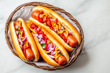 A basket filled with hot dogs topped with mustard, ketchup, and chopped onions invites guests to indulge in a summer cookout delicacy. Perfect for outdoor gatherings