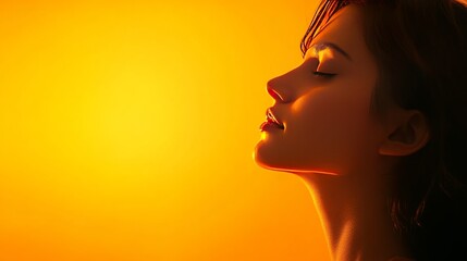 woman, side view, orange solid background, warm tones reflecting the subjectâ€™s soft expression, glowing with subtle shadows.