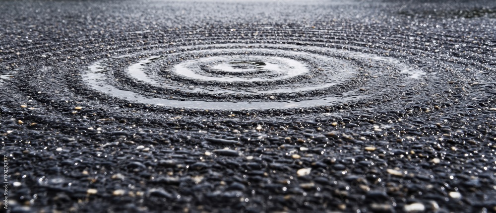 Poster close-up view of raindrops creating circular ripples on a wet asphalt surface in a urban environment