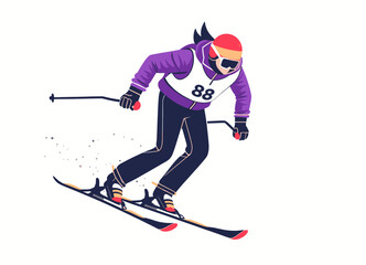 Downhill skier wearing number 88 with purple jacket and helmet