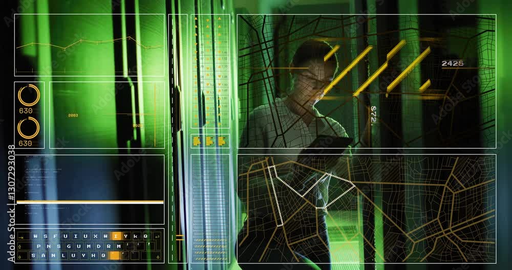 Poster analyzing data, person interacting with digital screens showing animation and graphs