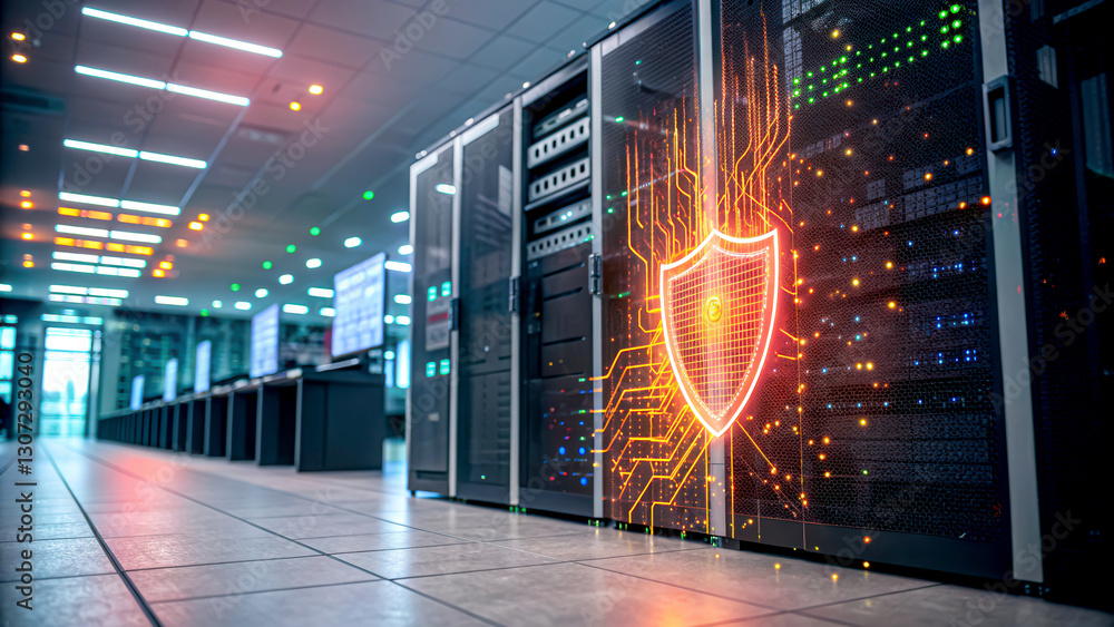 Aufkleber a modern data center with multiple servers, featuring a glowing shield symbol representing cybersecu