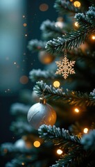 Obraz premium Twinkling snowflakes on an ornamented tree branch in a festive Christmas background, branches, garland