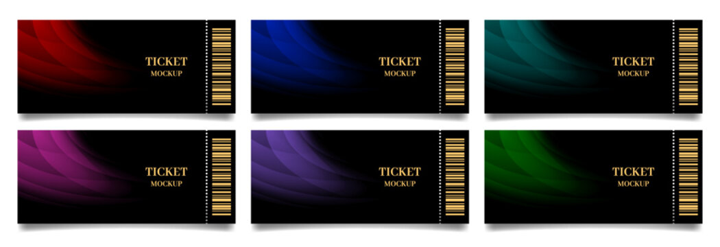 Black ticket mockups with bar codes and shadows. Background template with blue, green, teal, red, pink and purple abstract pattern. Concert, movie or theater ticket. Lottery, sale coupon	
