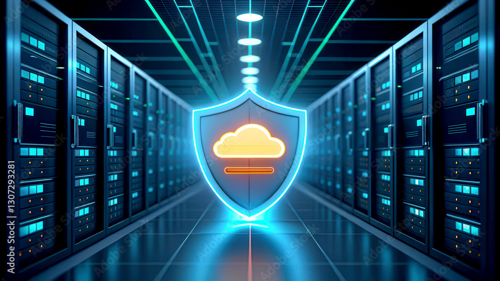 Poster cloud technology digital data concept. digital shield symbolizing cloud security in a futuristic ser