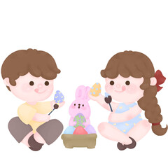 Kids painting Easter eggs in a cute and colorful holiday illustration