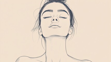 woman, top view, white solid background, clean and modern depiction, serene expression and simple lines creating a calm mood.