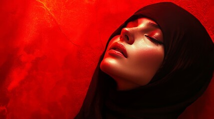 woman, top view, red solid background, bold expression with dramatic lighting, emphasizing facial features against a fiery red backdrop.