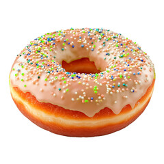 Beige frosted donuts with colorful sprinkles and glossy glaze isolated on transparent background