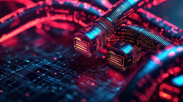A surreal image of glowing cables intertwining devices under a hacker s command, cybersecurity threat, network manipulation