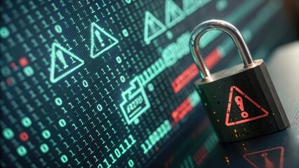 Cybersecurity threats malware intrusion detection concept. Digital lock on a backdrop of binary code with warning symbols, symbolizing cybersecurity and data protection.