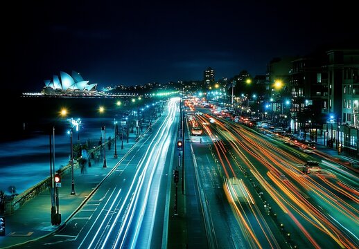 Night cityscape with light trails on a busy road and iconic building in the background.