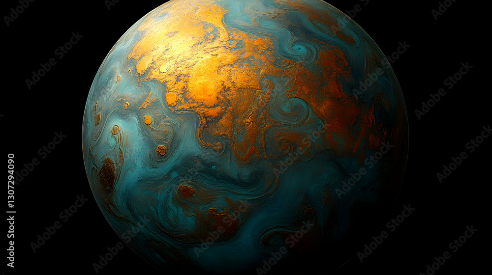 Poster abstract planet with teal and gold swirling patterns on a black background.