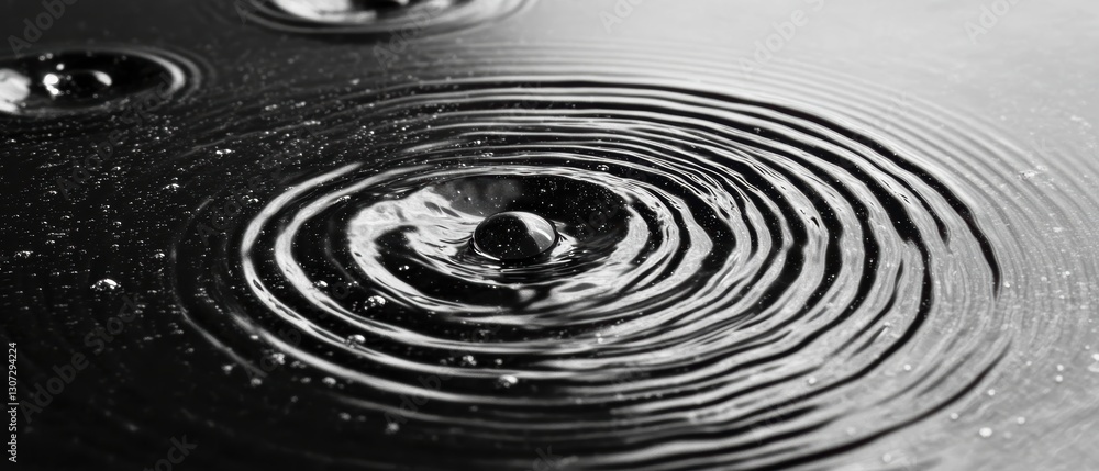 Poster abstract close-up of black water ripples with droplet creating circular waves in high contrast monoc