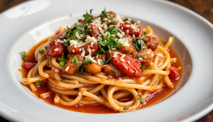 Vibrant Amatriciana pasta dish on elegant plating, Italian cuisine