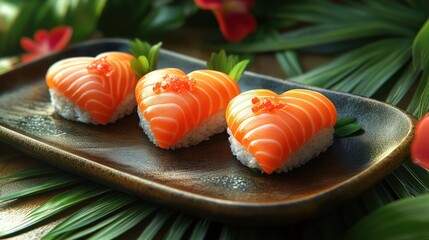 Three heart-shaped salmon sushi pieces on a dark brown plate, garnished with red caviar and parsley, surrounded by tropical leaves and flowers.