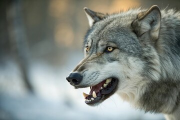 Fototapeta premium A close-up of a gray wolf's face shows its sharp teeth and piercing eyes, set against the soft focus of its surroundings, canis, wilderness, wildlife photography, facial expression