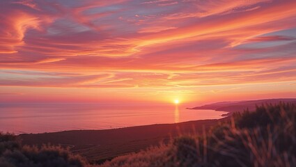 Obraz premium Breathtaking Vibrant Sunset Over Coastal Backdrop