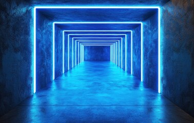 Futuristic tunnel with glowing blue neon lights and textured concrete walls creating an immersive digital environment for various creative projects