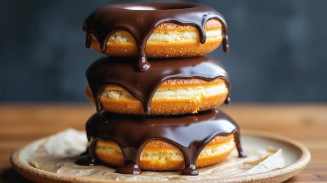 Lucious donuts stacked on top of each other they are dark chocolate slightly melting