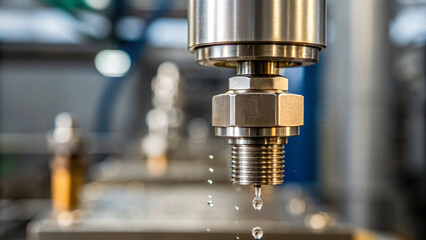 Close-up of Precision Fluid Control Valve with Droplets in Industrial Setting