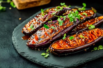 Charred and glazed eggplant slices are beautifully arranged on a slate plate, topped with fresh herbs and sesame seeds, showcasing a rich culinary presentation